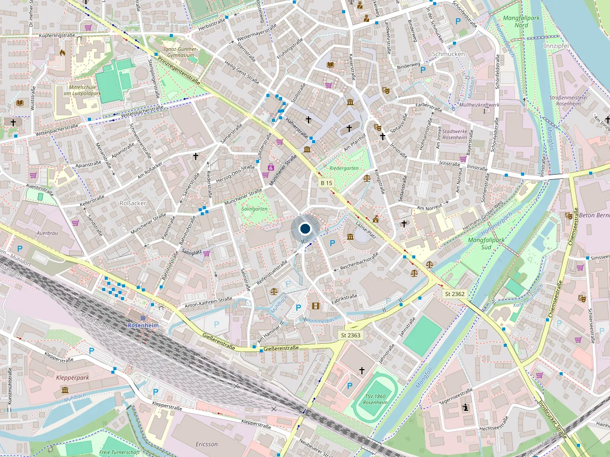 Kartenausschnitt mit der Lage von Alpha Digitalagentur GmbH in Rosenheim