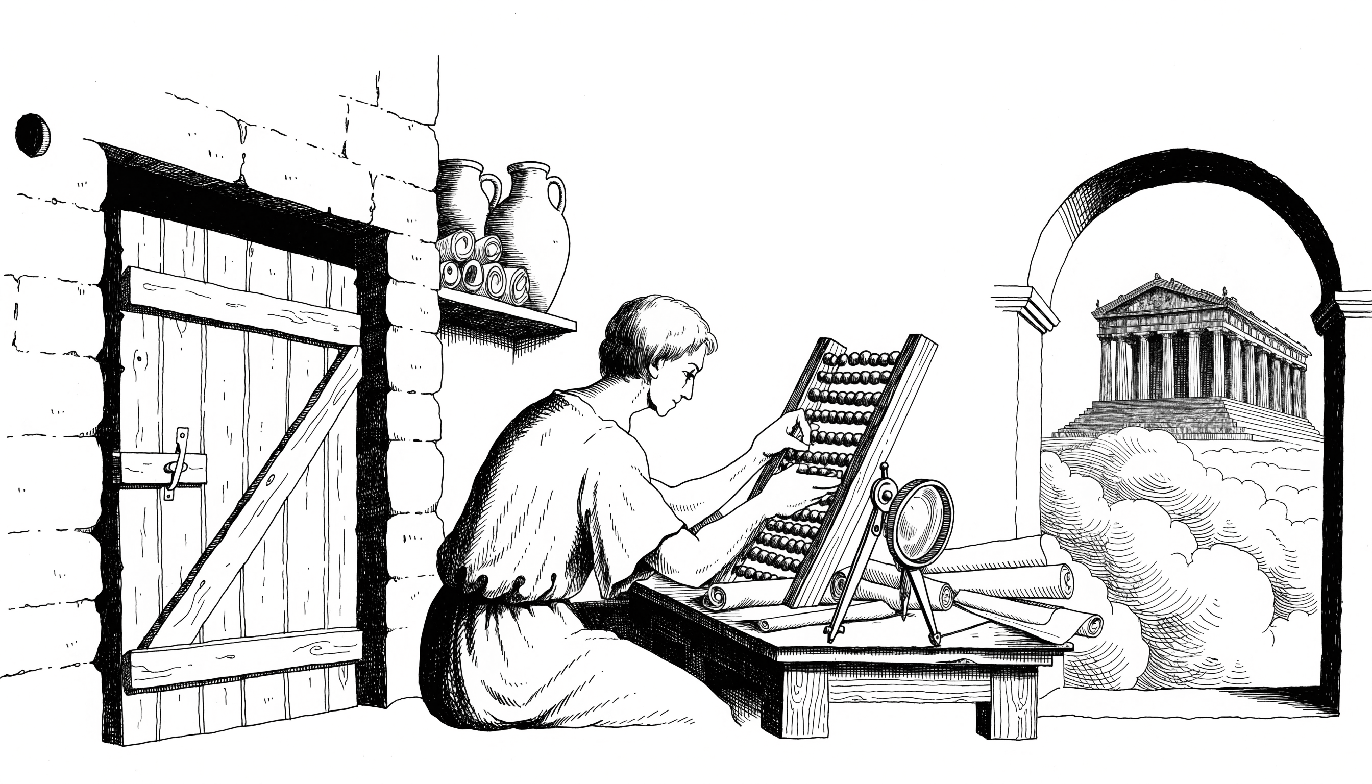Tuschezeichnung: Ein antiker Gelehrter arbeitet in seiner verschlossenen Werkstatt mit Abakus, Zirkel und eigenen Schriftrollen, während durch das Fenster in der Ferne ein großer Tempel auf einer Wolke zu sehen ist.