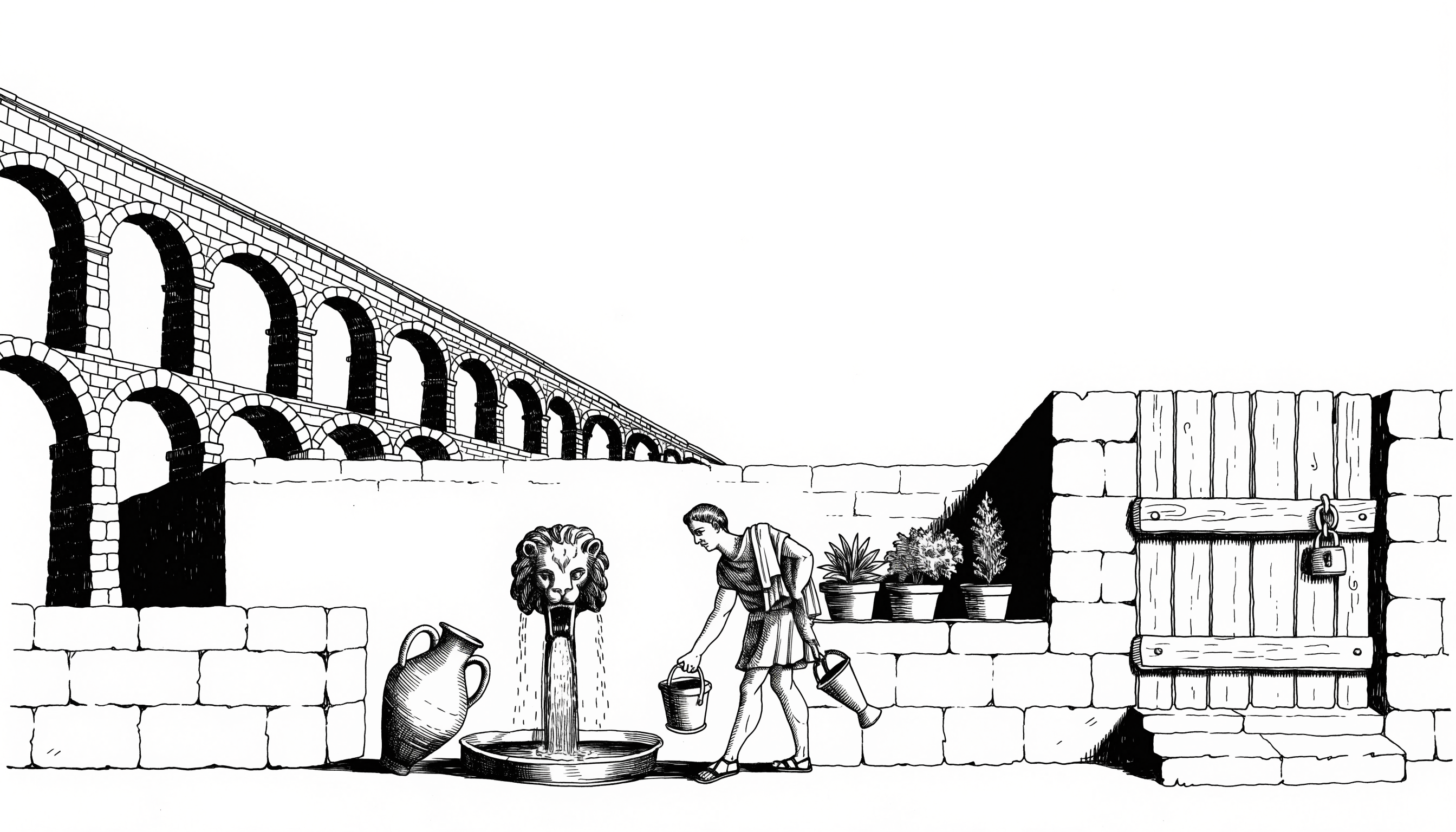 Tuschezeichnung: Ein Aquädukt speist einen Bronzebrunnen in einem ummauerten Hof, aus dem ein Diener verschiedene Gefäße füllt, während das Hoftor verriegelt ist.