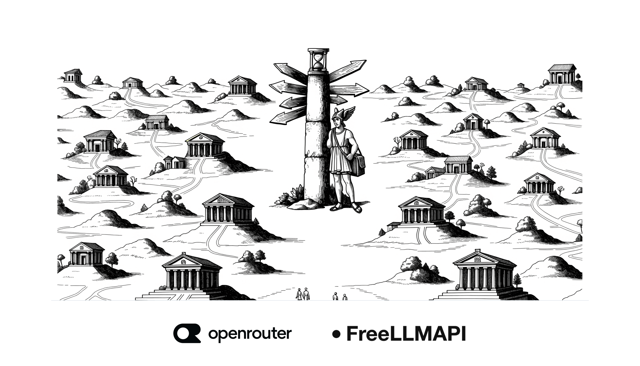 Tuschezeichnung: Der Götterbote Hermes steht an einer Wegkreuzung mit vielen Wegweisern zu Tempeln und Marktständen, auf dem Meilenstein steht eine Sanduhr. Darunter die Logos von OpenRouter und FreeLLMAPI.
