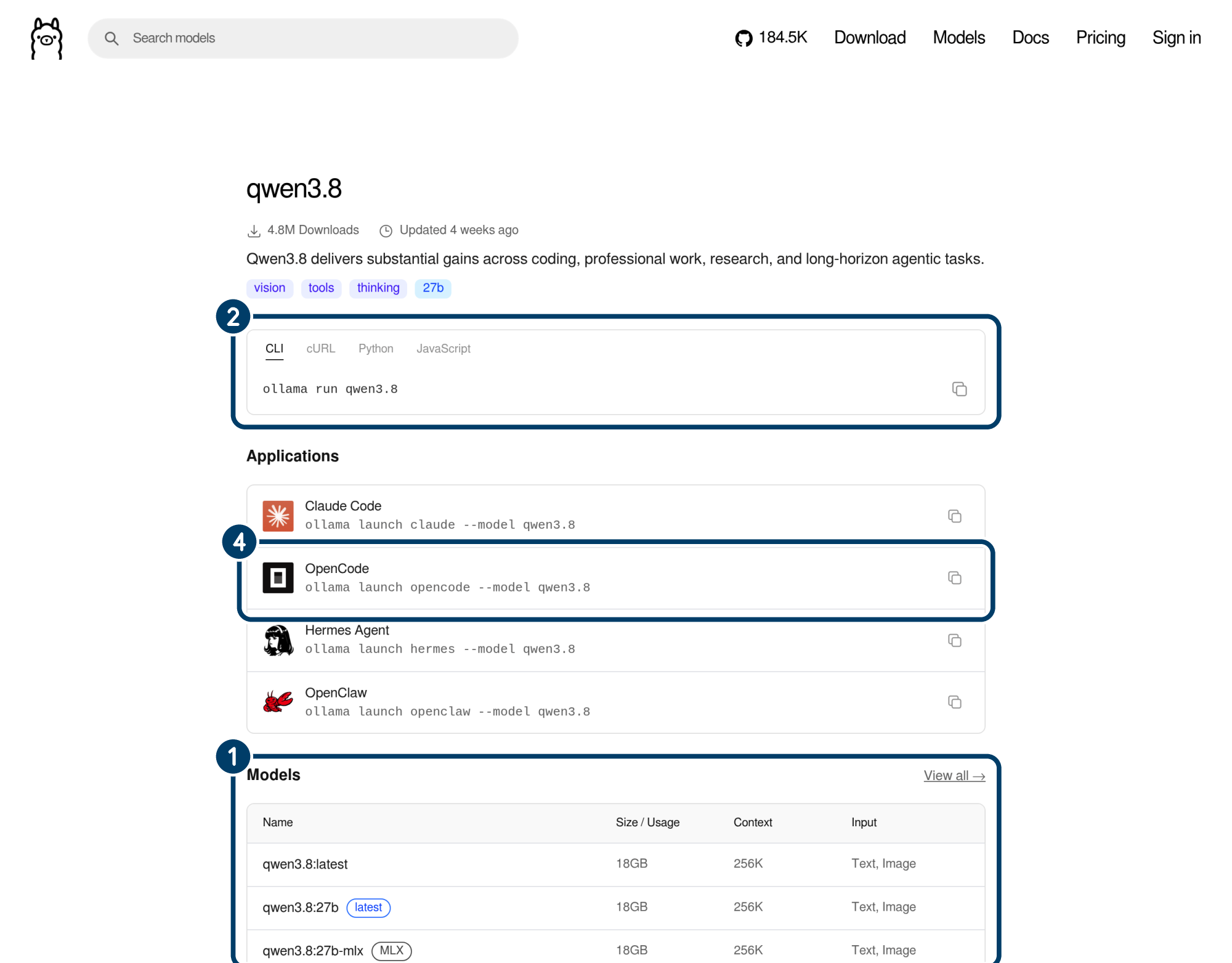 Modellseite von Qwen 3.8 in der Ollama-Bibliothek: 1 markiert die Liste der Modellvarianten mit ihrer Größe, 2 den Befehl „ollama run qwen3.8“ zum Laden des Modells, 4 den Befehl, mit dem sich das Werkzeug OpenCode an das Modell anschließen lässt.